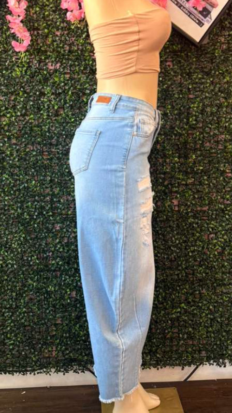Shredded Light-Wash Barrel Leg Jeans