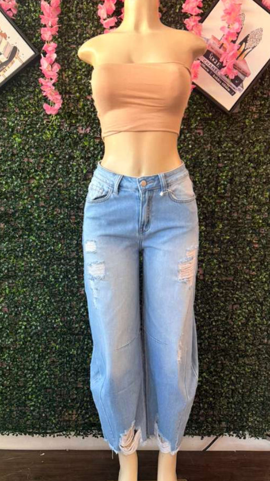 Shredded Light-Wash Barrel Leg Jeans