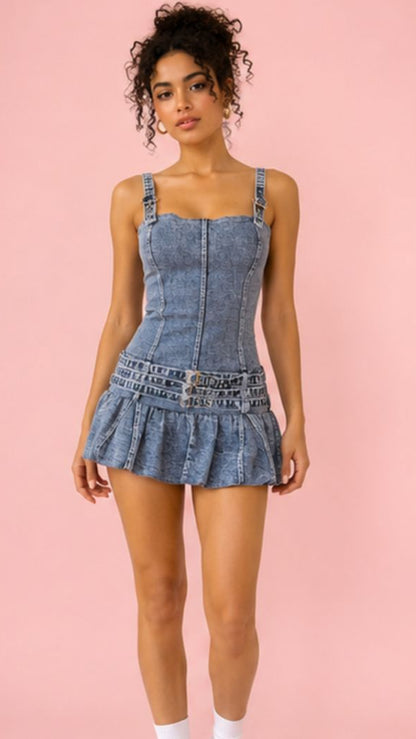 Vintage-Style Triple Belted Denim Mini Dress