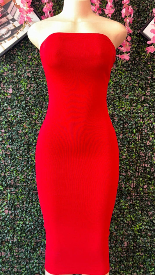 RED STRAPLESS BODYCON MIDI DRESS
