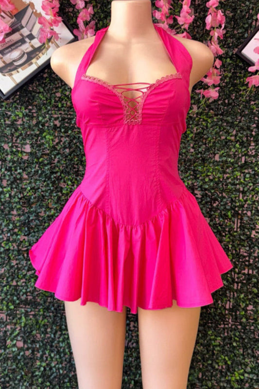 HOT PINK HALTER MINI DRESS