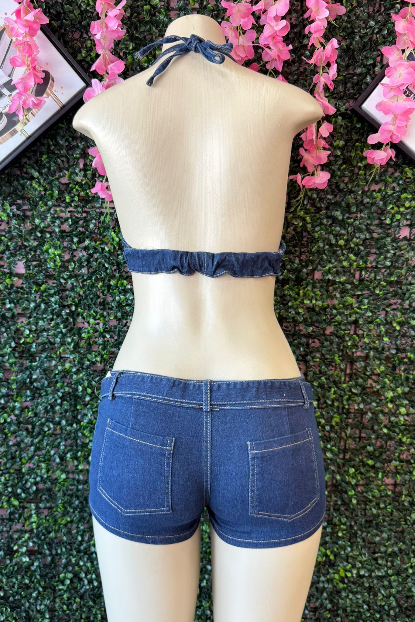 DENIM TWO-PIECE SET WITH RHINESTONE BUCKLES