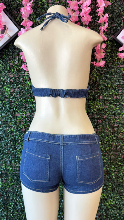 DENIM TWO-PIECE SET WITH RHINESTONE BUCKLES