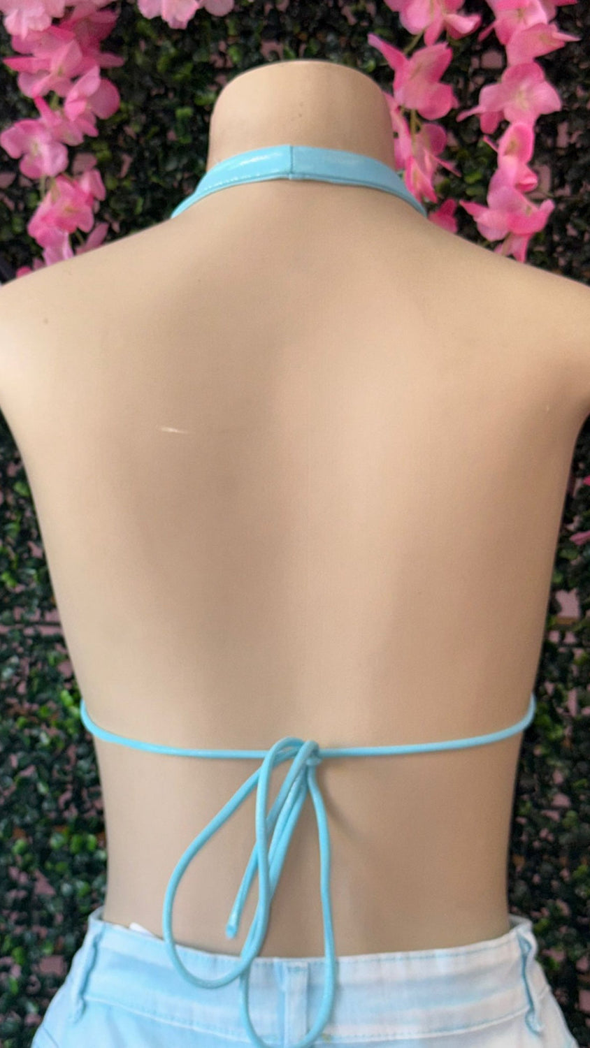 BRIGHT SKY BLUE HALTER CROP TOP WITH RHINESTONE HEARTS