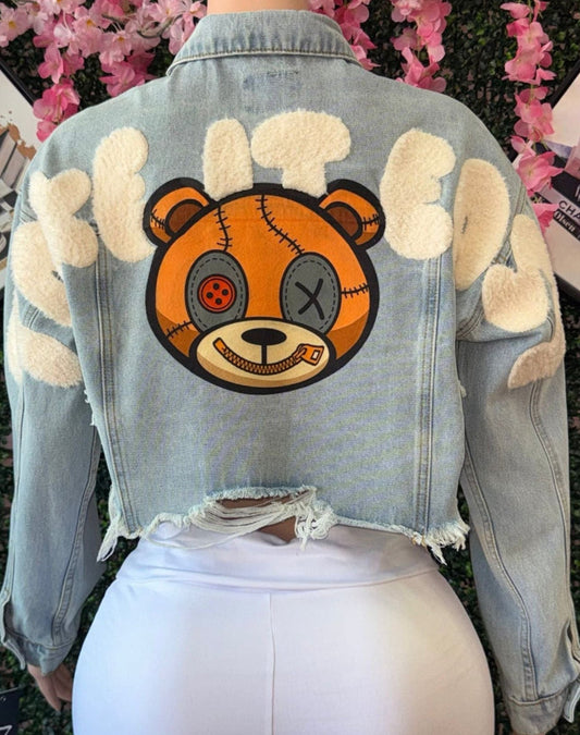 “TAKE IT EASY” TEDDY BEAR CROP DENIM JACKET