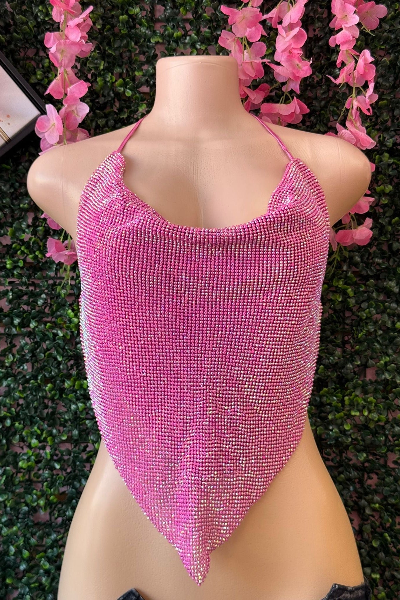 PINK RHINESTONE HALTER HANDKERCHIEF TOP